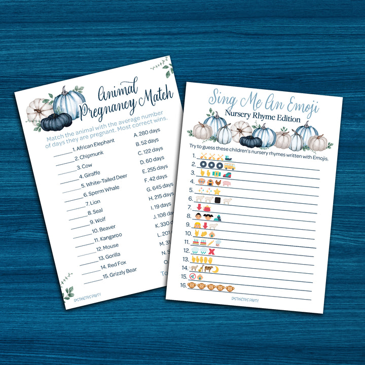 Little Pumpkin: Blue - Paquete de juegos para baby shower - Cántame un partido de embarazo de emoji y animal - Juego de 2 caras - Otoño, niño - 20 cartas