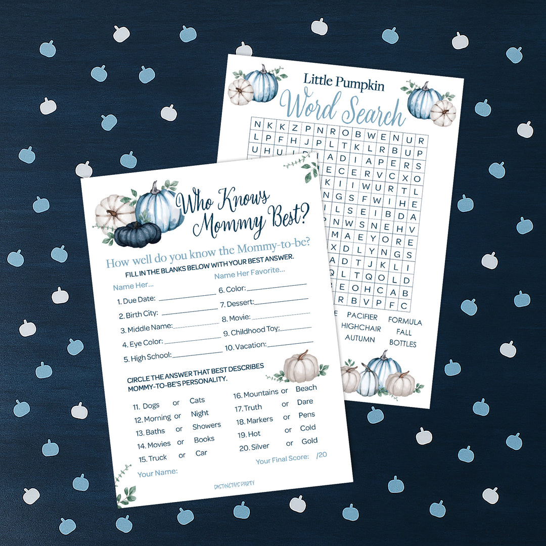 Little Pumpkin: Blue - Paquete de juegos para baby shower - Búsqueda de palabras y quién conoce mejor a mamá - Juego de 2 caras - Otoño, niño - 20 cartas
