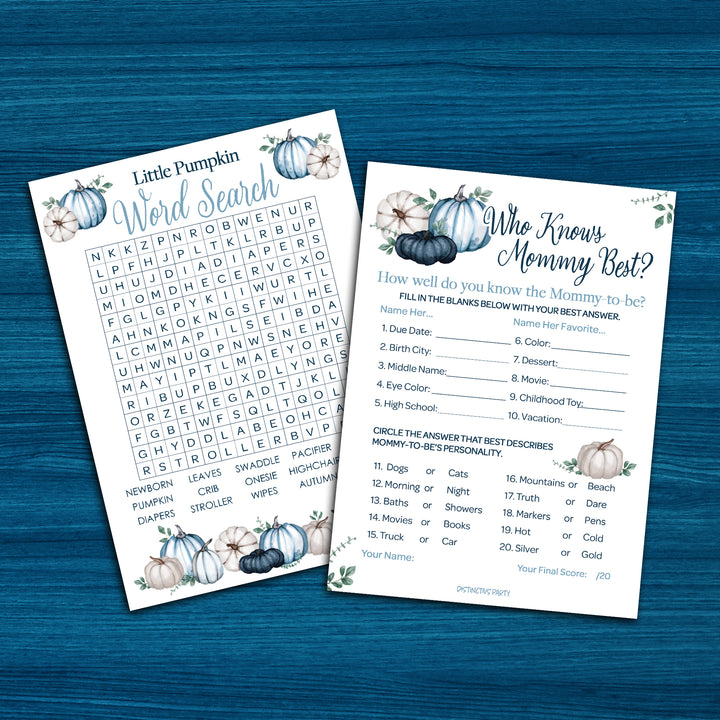 Little Pumpkin: Blue - Paquete de juegos para baby shower - Búsqueda de palabras y quién conoce mejor a mamá - Juego de 2 caras - Otoño, niño - 20 cartas