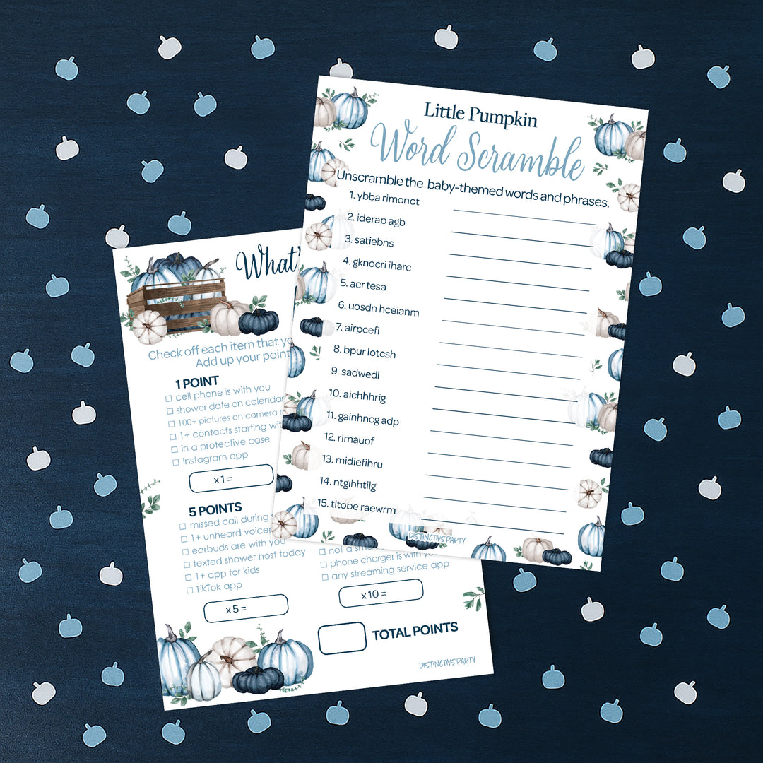Little Pumpkin: Blue - Paquete de juegos para baby shower - Qué hay en tu teléfono y Word Scramble - Juego de 2 caras - Otoño, niño - 20 cartas