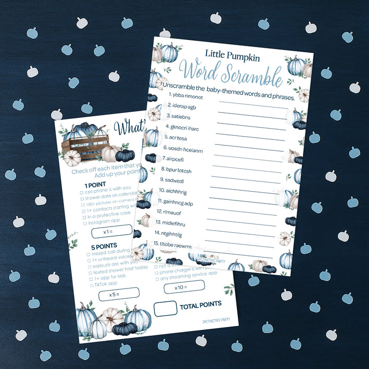 Little Pumpkin: Blue - Paquete de juegos para baby shower - Qué hay en tu teléfono y Word Scramble - Juego de 2 caras - Otoño, niño - 20 cartas