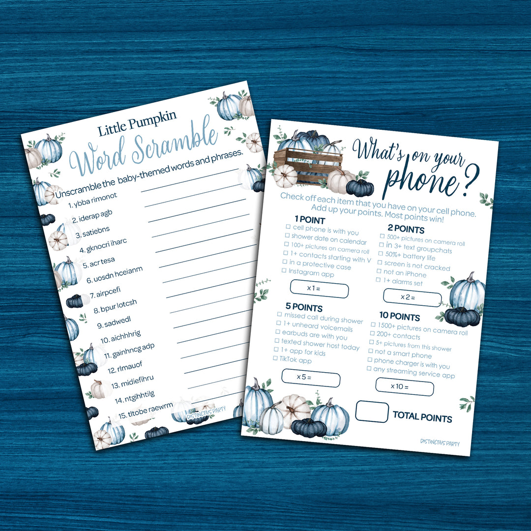 Little Pumpkin: Blue - Paquete de juegos para baby shower - Qué hay en tu teléfono y Word Scramble - Juego de 2 caras - Otoño, niño - 20 cartas