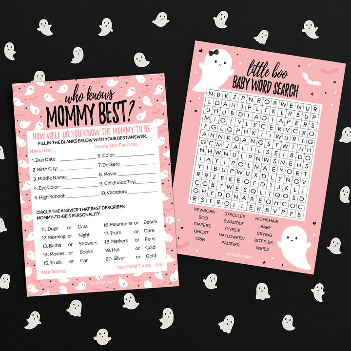 Little Boo: Pink - Baby Shower Game  - Fall Word Search and Who Knows Mommy Best - Two Game Bundle - 20 Dual Sided Cards