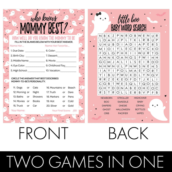 Little Boo: Pink - Juego de baby shower - Búsqueda de palabras y quién conoce mejor a mamá - Paquete de dos juegos - 20 tarjetas de doble cara