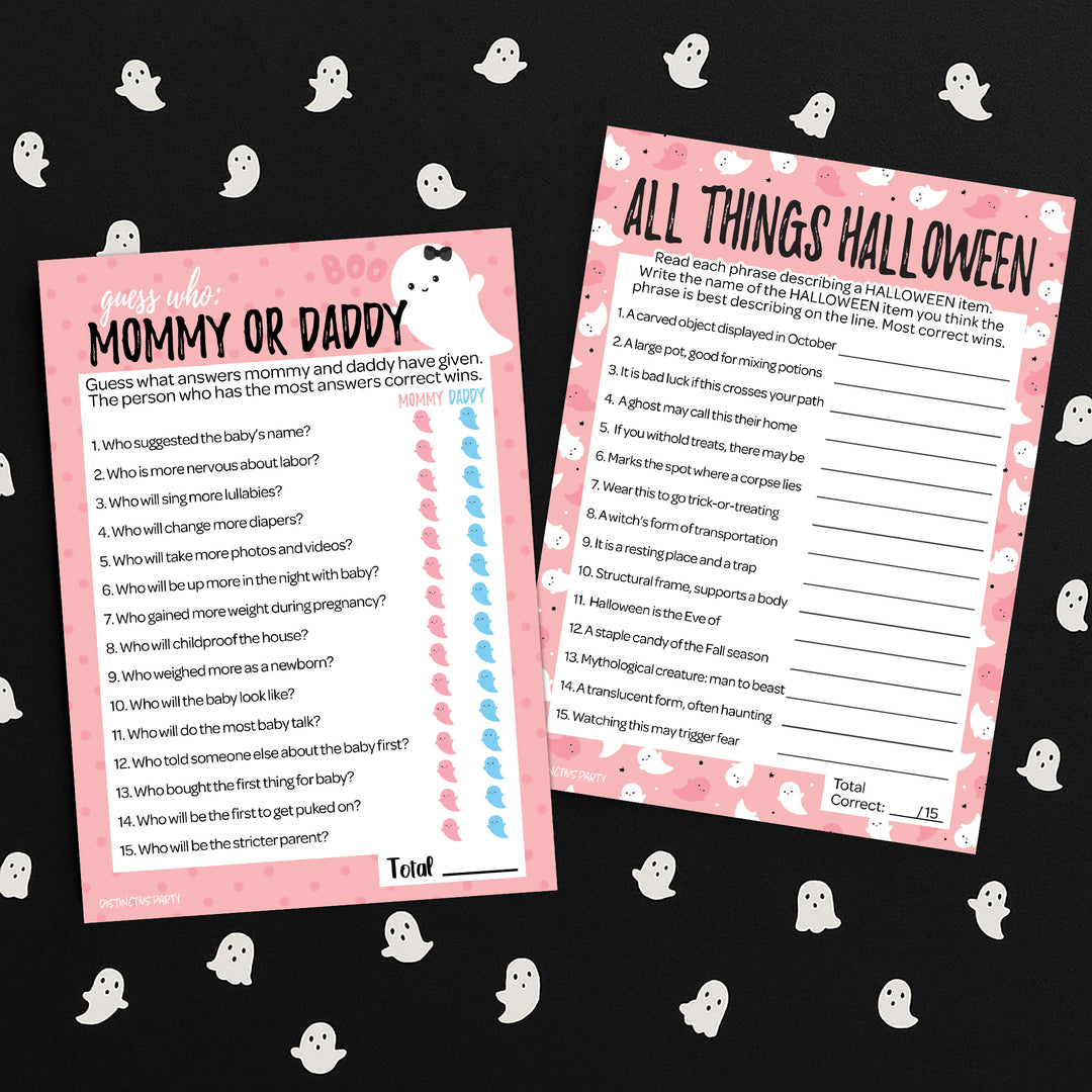 Little Boo: Pink - Baby Shower Game - Fall "Guess Who" Mommy or Daddy and All Things Halloween - Two Game Bundle - 20 Dual Sided Cards