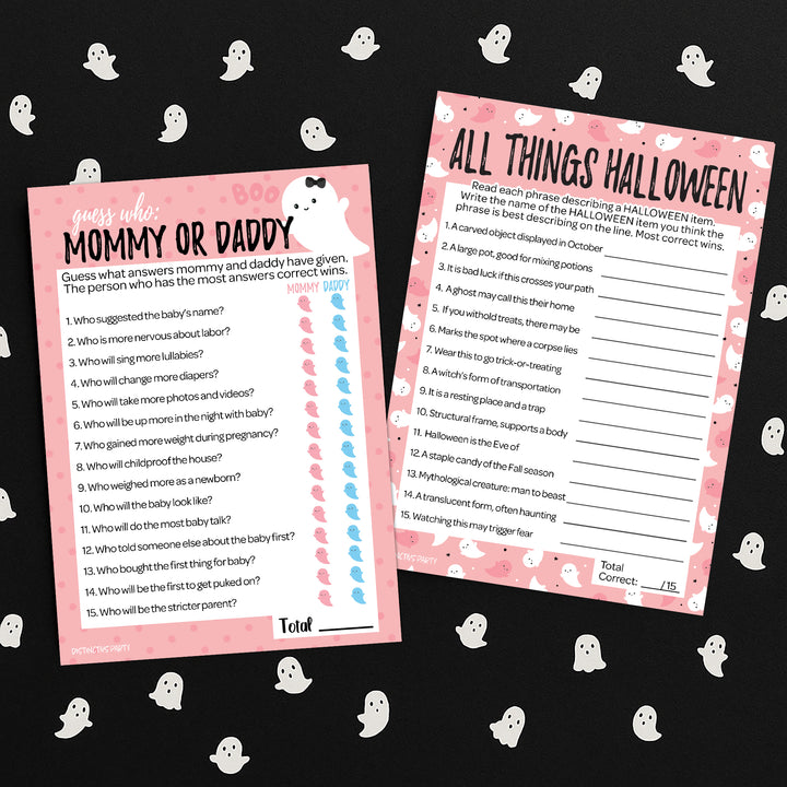 Little Boo: Pink - Baby Shower Game - Fall "Guess Who" Mommy or Daddy and All Things Halloween - Two Game Bundle - 20 Dual Sided Cards