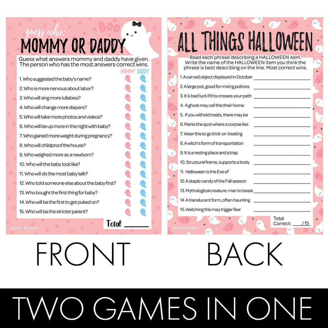 Little Boo: Pink - Juego de baby shower - "Adivina quién" mamá o papá y todo lo relacionado con Halloween - Paquete de dos juegos - 20 tarjetas de doble cara