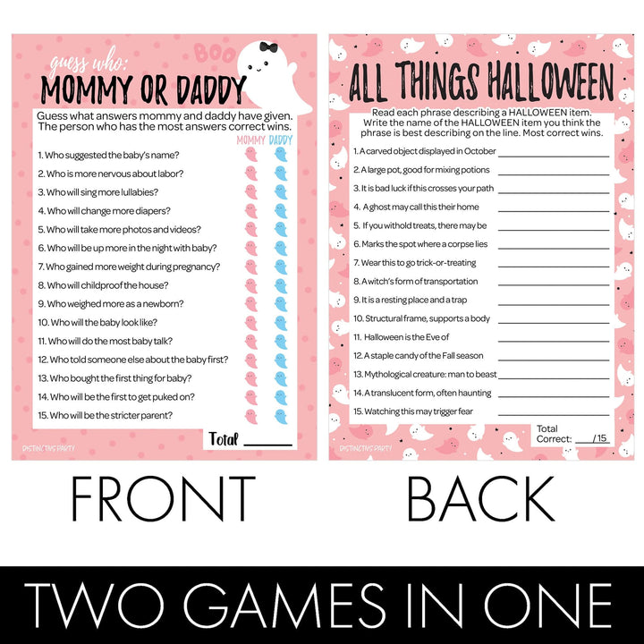 Little Boo: Pink - Juego de baby shower - "Adivina quién" mamá o papá y todo lo relacionado con Halloween - Paquete de dos juegos - 20 tarjetas de doble cara