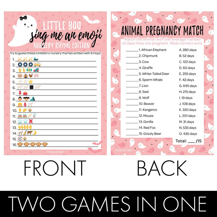 Little Boo: Pink - Juego de baby shower - Cántame un partido de embarazo de emoji y animal - Paquete de dos juegos - 20 tarjetas de doble cara