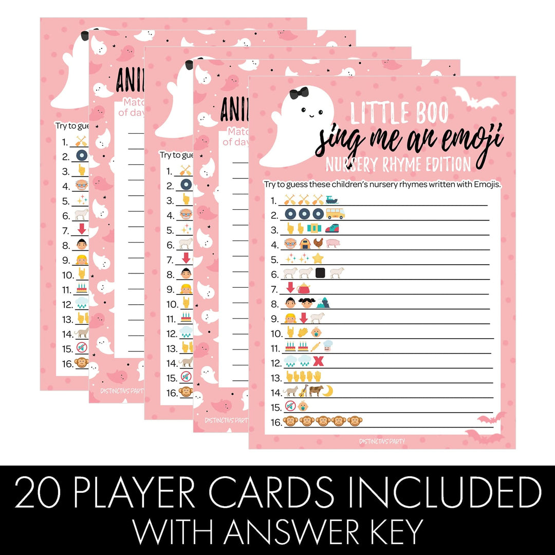 Little Boo: Pink - Juego de baby shower - Cántame un partido de embarazo de emoji y animal - Paquete de dos juegos - 20 tarjetas de doble cara