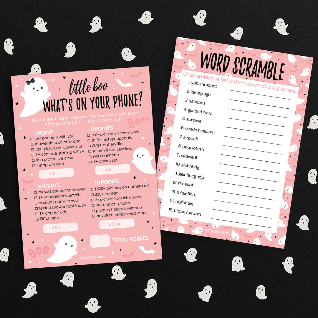 Little Boo: Pink - Baby Shower Game - Fall What's On Your Phone and Word Scramble - Two Game Bundle -  20 Dual Sided Cards