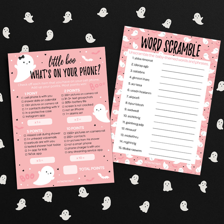 Little Boo: Pink - Baby Shower Game - Fall What's On Your Phone and Word Scramble - Two Game Bundle -  20 Dual Sided Cards