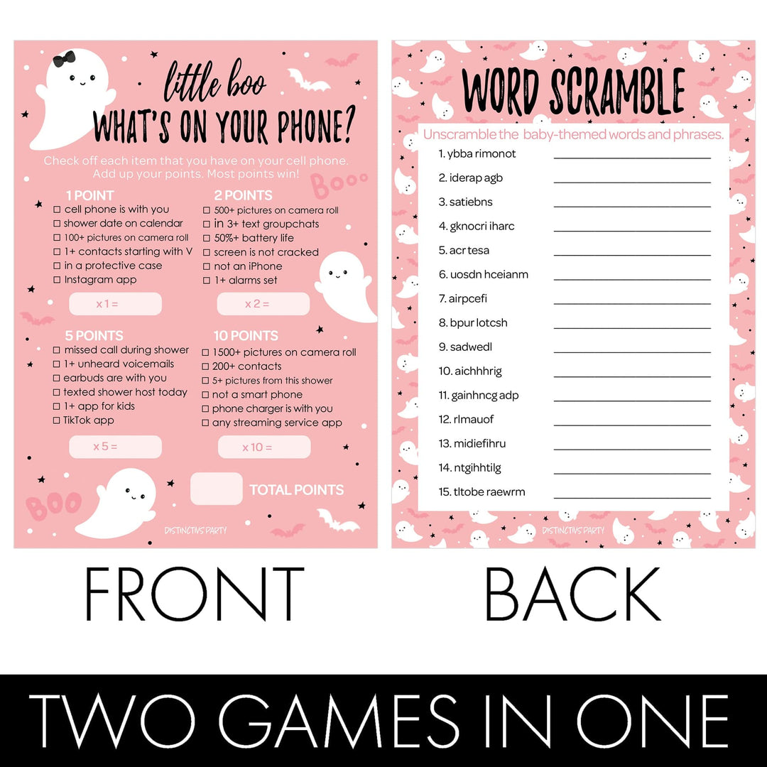 Little Boo: Pink - Juego de baby shower - Qué hay en tu teléfono y Word Scramble - Paquete de dos juegos - 20 tarjetas de doble cara