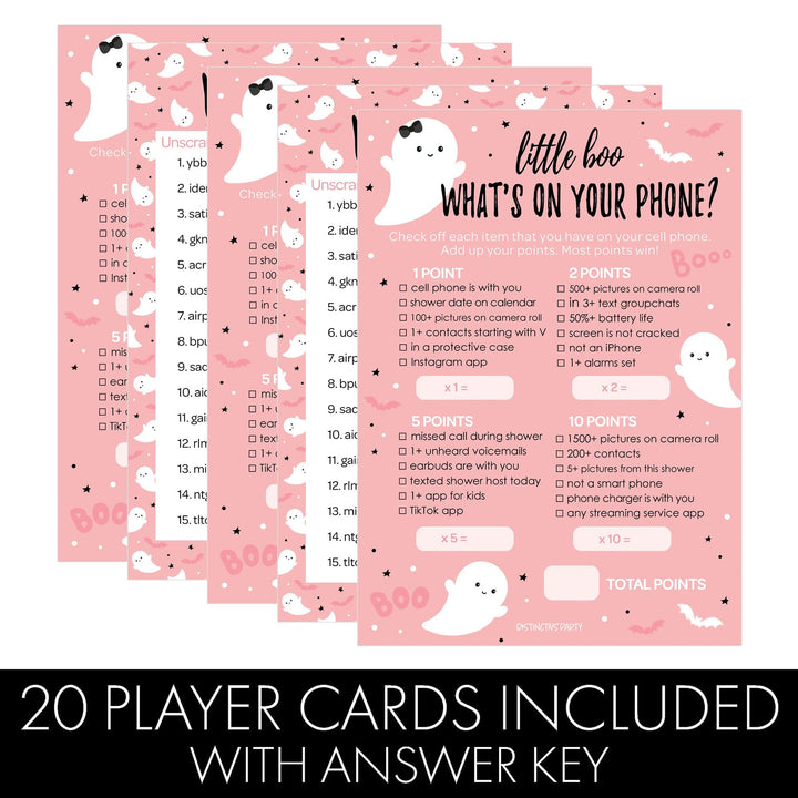 Little Boo: Pink - Juego de baby shower - Qué hay en tu teléfono y Word Scramble - Paquete de dos juegos - 20 tarjetas de doble cara