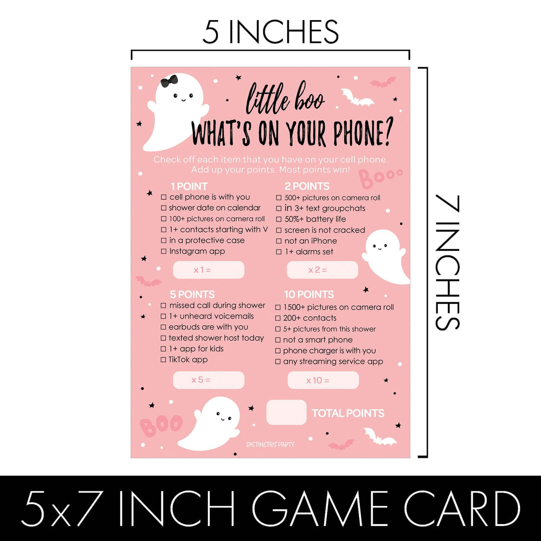 Little Boo: Pink - Juego de baby shower - Qué hay en tu teléfono y Word Scramble - Paquete de dos juegos - 20 tarjetas de doble cara