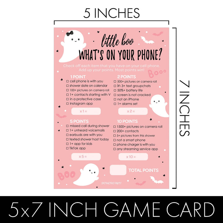 Little Boo: Pink - Juego de baby shower - Qué hay en tu teléfono y Word Scramble - Paquete de dos juegos - 20 tarjetas de doble cara