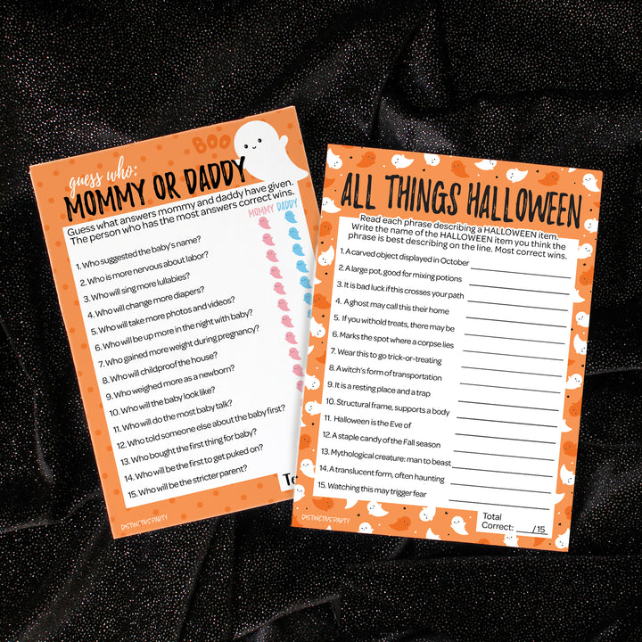 Little Boo: Orange - Baby Shower Game - Fall "Guess Who" Mommy or Daddy and All Things Halloween - Two Game Bundle - 20 Dual Sided Cards