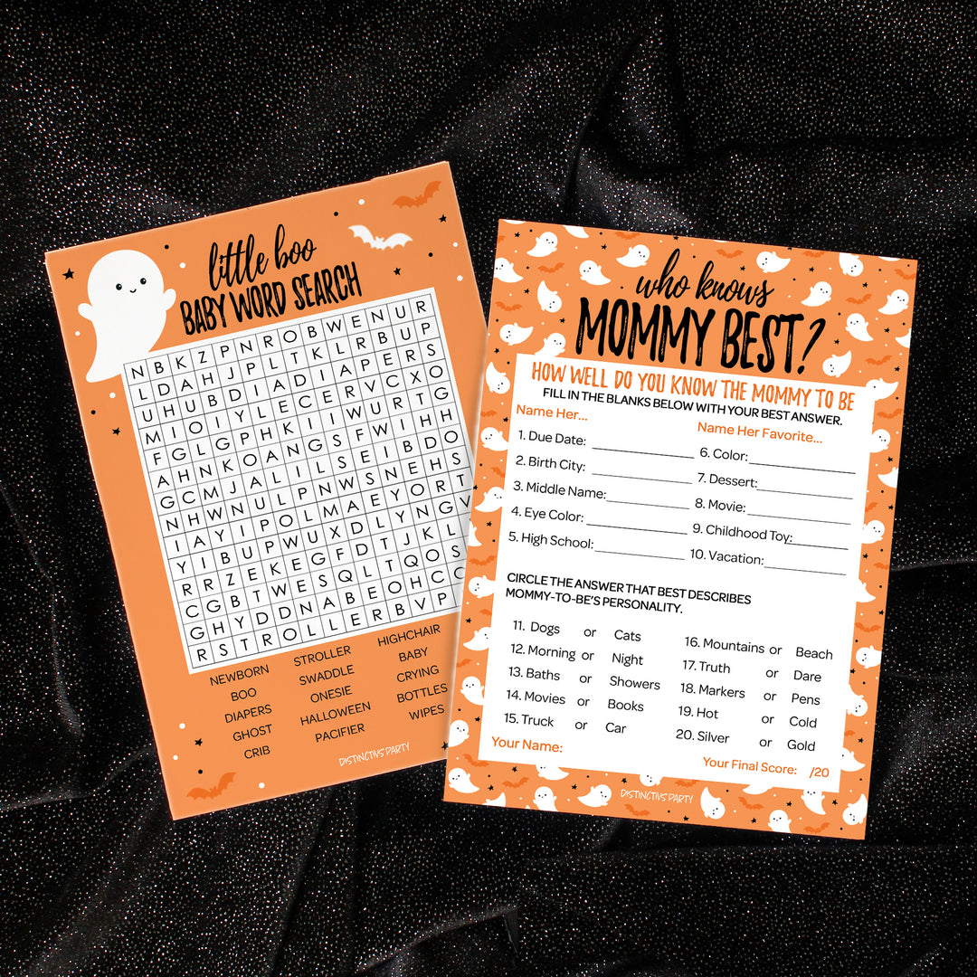Little Boo: Orange - Baby Shower Game  - Fall Word Search and Who Knows Mommy Best - Two Game Bundle - 20 Dual Sided Cards