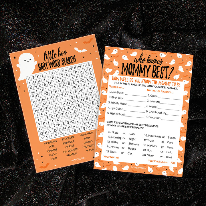 Little Boo: Orange - Baby Shower Game  - Fall Word Search and Who Knows Mommy Best - Two Game Bundle - 20 Dual Sided Cards