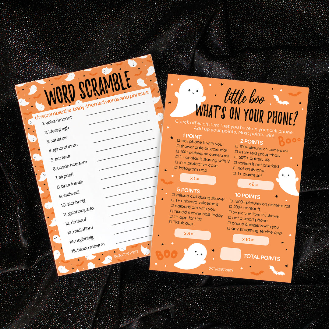 Little Boo: Orange - Baby Shower Game - Fall What's On Your Phone and Word Scramble - Two Game Bundle -  20 Dual Sided Cards
