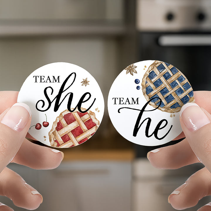 Cutie Pie Gender Reveal Party Stickers - Team He or Team She - 40 pack (1.75" Round)