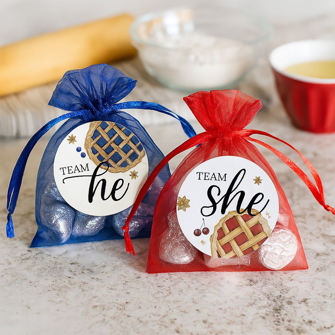 Cutie Pie Gender Reveal Party Stickers - Team He or Team She - 40 pack (1.75" Round)