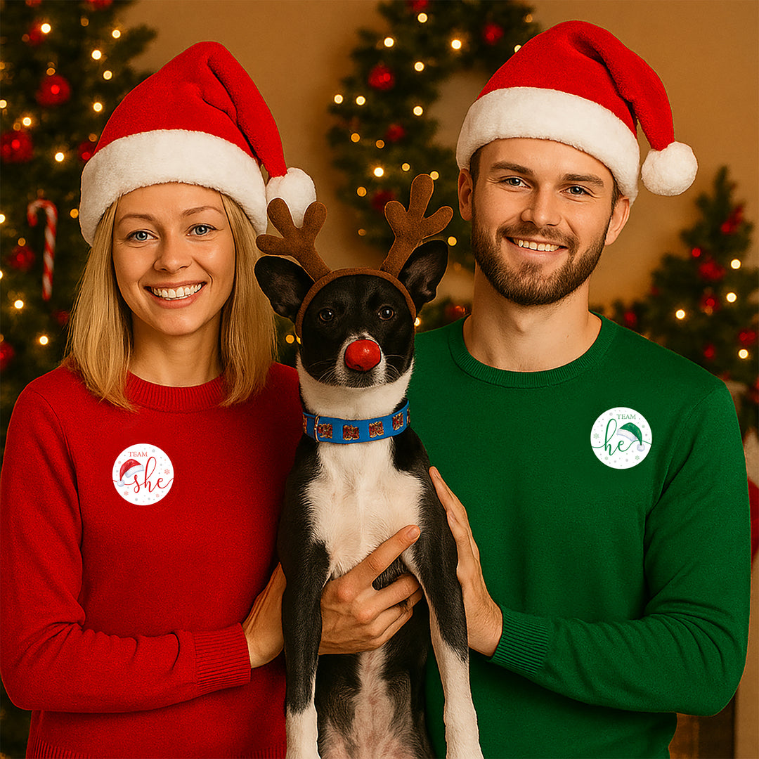 Pegatinas navideñas de revelación de género: Fiesta de Papá Noel - Pegatinas del equipo Él o del Equipo Ella - 40 pegatinas