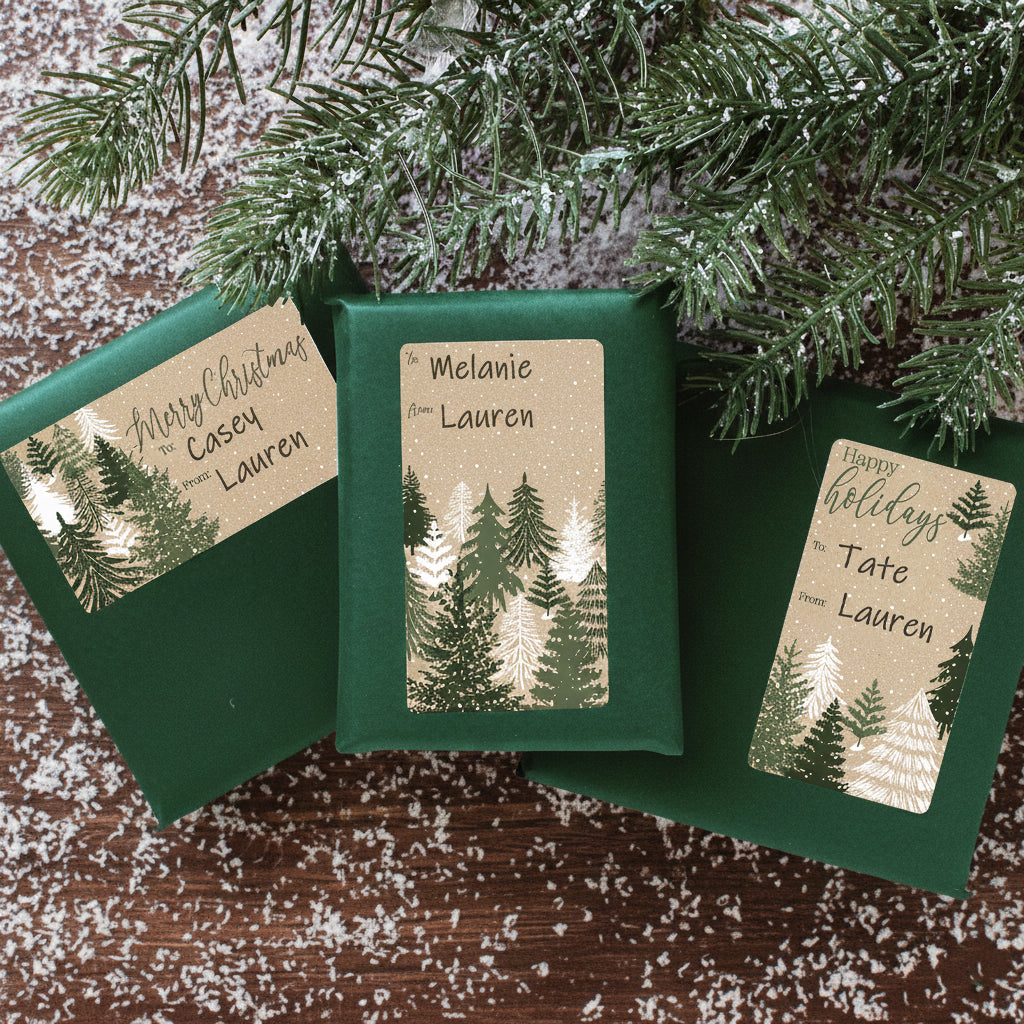 Etiquetas adhesivas de regalo de Navidad: Kraft Christmas - Árboles de hoja perenne - 75 pegatinas