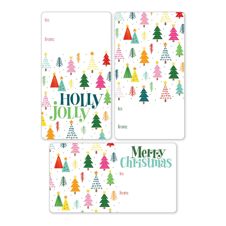 Christmas gift tags with colorful tree patterns.