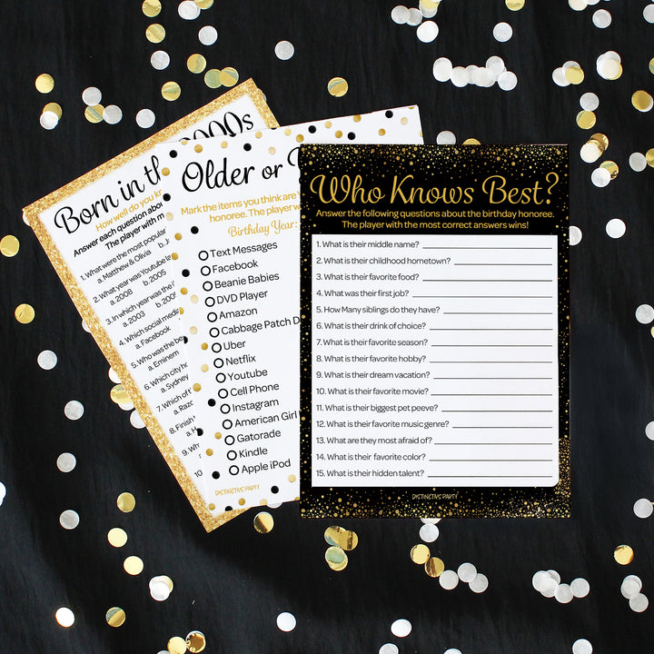 Born in The 2000s Black & Gold - 16th, 18th, 21st Birthday Party Game Bundle - 3 Games for 20 Guests