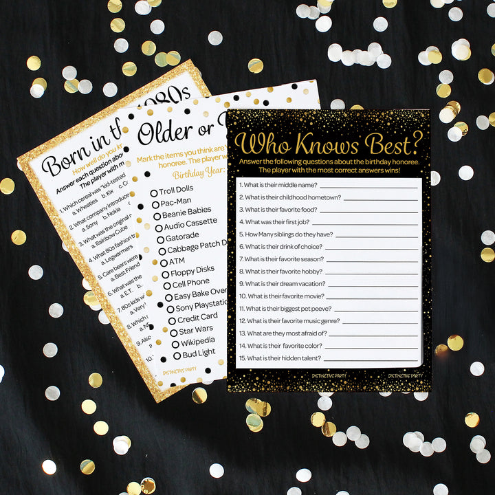 Born in The 1980s Black & Gold - 40th or 45th Birthday Party Game Bundle - 3 Games for 20 Guests