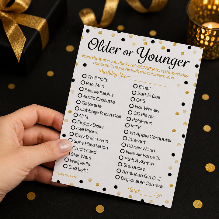 Born in The 1960s Black & Gold - 60th or 65th Birthday Party Game Bundle - 3 Games for 20 Guests