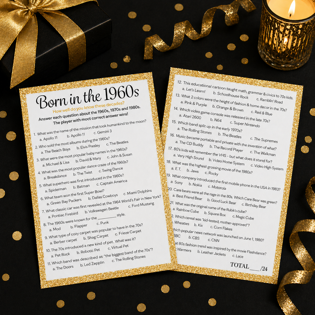 Born in The 1960s Black & Gold - 60th or 65th Birthday Party Game Bundle - 3 Games for 20 Guests