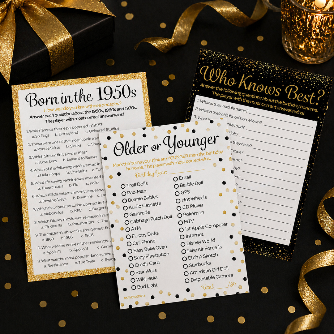 Nacido en la década de 1950 Black &amp; Gold - Cumpleaños para adultos - Paquete de juegos de fiesta - 3 juegos para 20 invitados