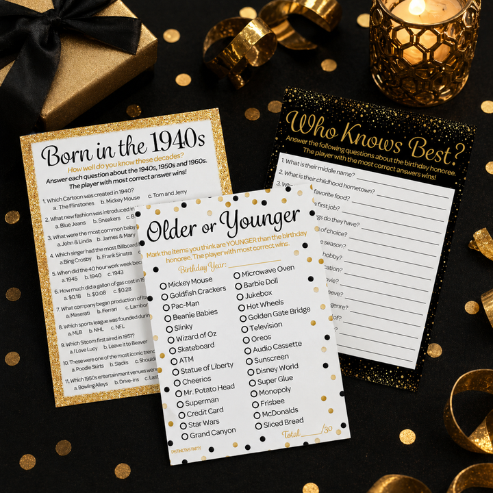 Nacido en la década de 1940 Cumpleaños negro y dorado - Cumpleaños para adultos - Paquete de juegos de fiesta - 3 juegos para 20 invitados