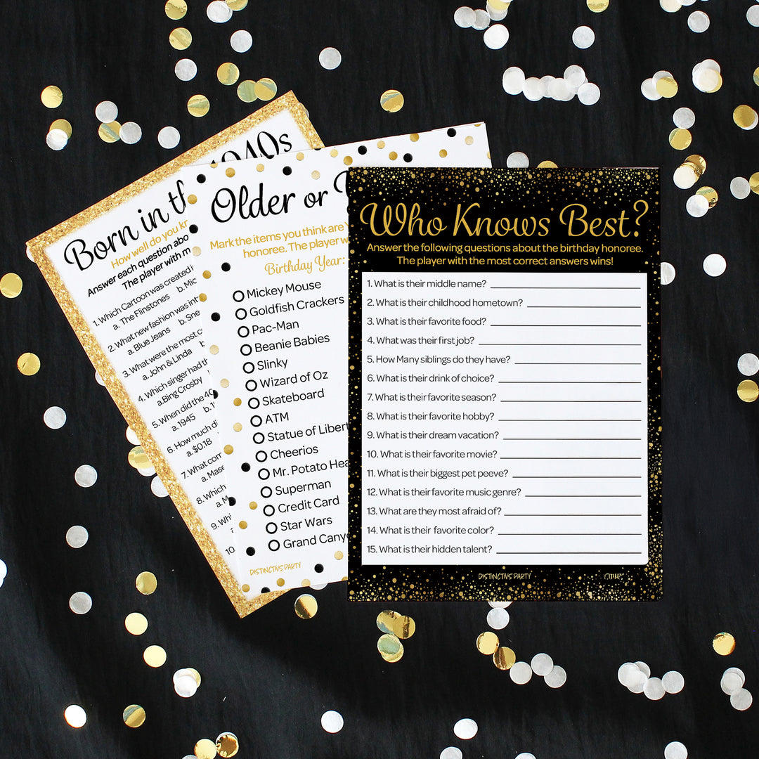 Born in The 1940s Black & Gold Birthday - 85th, 80th Birthday Party Game Bundle - 3 Games for 20 Guests