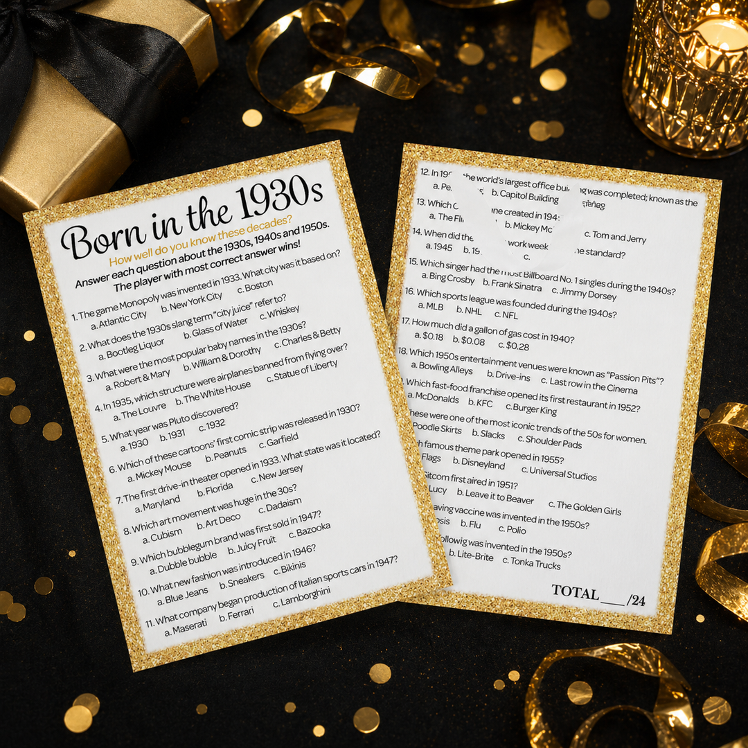 Nacido en la década de 1930 Black &amp; Gold - Cumpleaños para adultos - Paquete de juegos de fiesta - 3 juegos para 20 invitados
