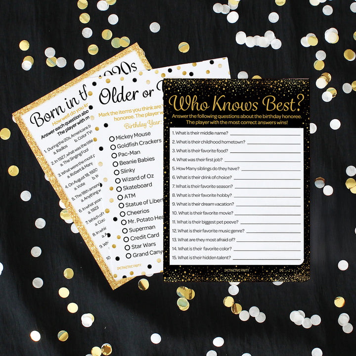 Born in The 1920s Black & Gold - 100th & 105th Birthday Party Game Bundle - 3 Games for 20 Guests