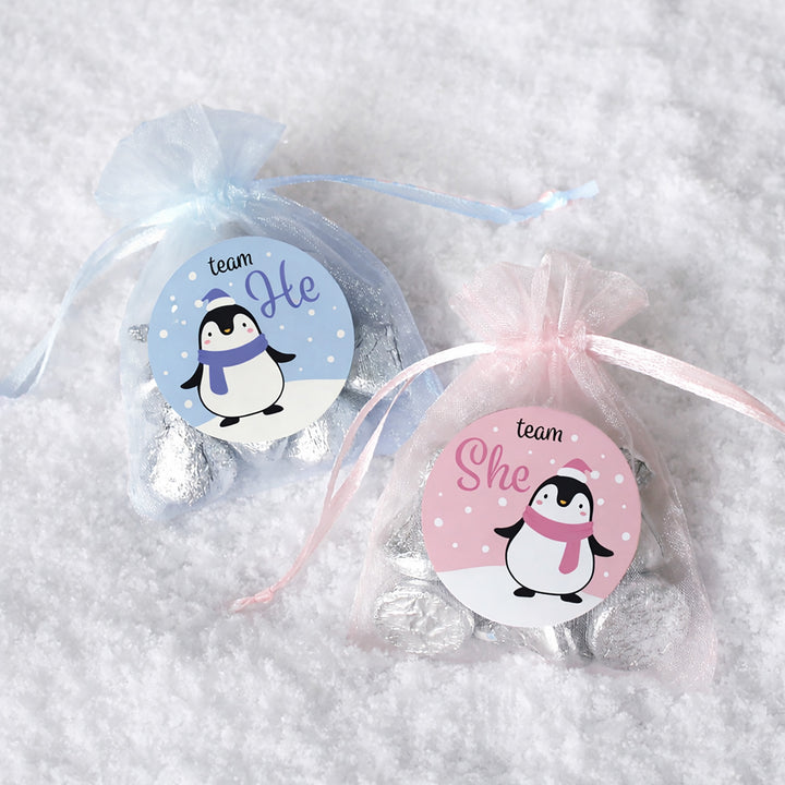 Two organza bags with penguin stickers.