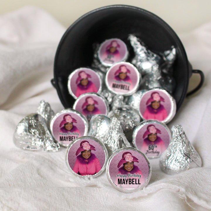 Personalized Birthday: Black - Custom Photo, Age, and Name -  Favor Stickers - Fits on Hershey® Kisses - 180 or 450 Stickers
