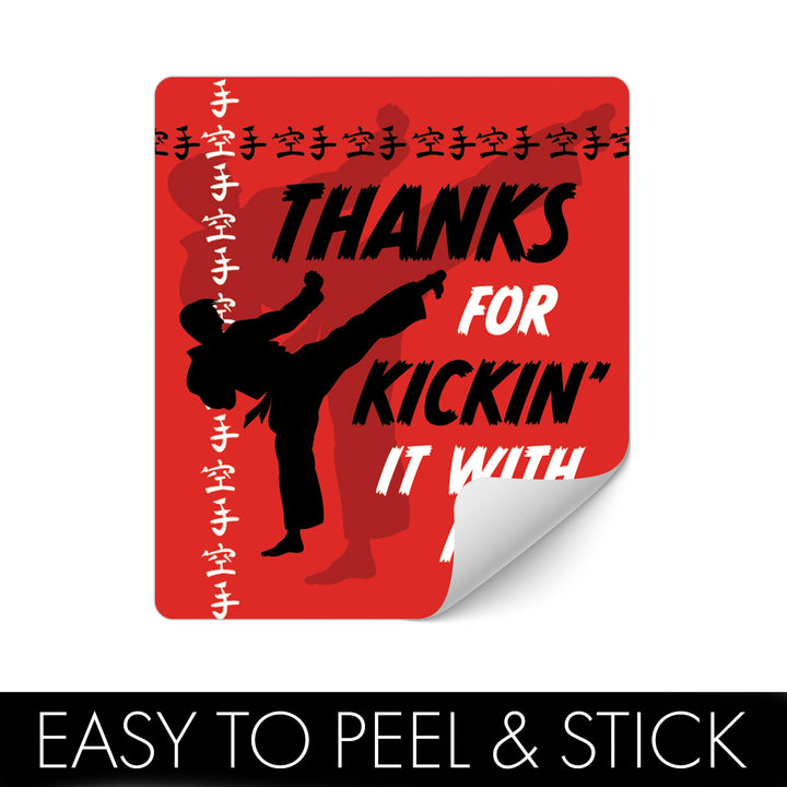 Saltar, patear, bloquear: Karate - Cumpleaños infantil - Pegatinas para bolsas de chips y bocadillos - Paquete de 32