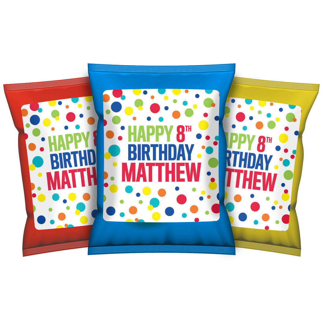 Cumpleaños personalizado: Rainbow Dots - Pegatinas para bolsas de patatas fritas y bolsas de refrigerios - 32 pegatinas