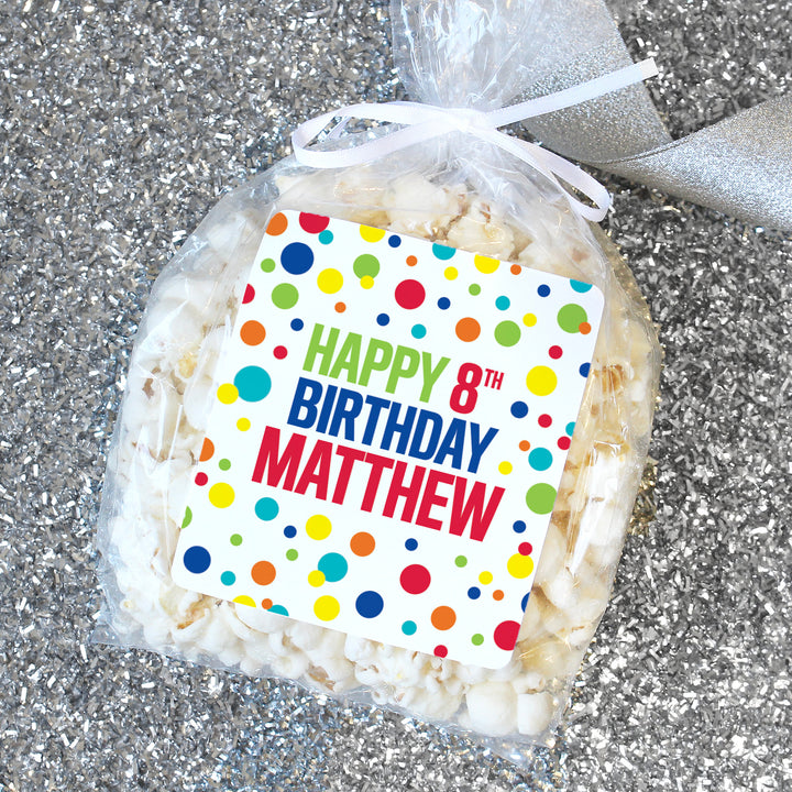 Cumpleaños personalizado: Rainbow Dots - Pegatinas para bolsas de patatas fritas y bolsas de refrigerios - 32 pegatinas