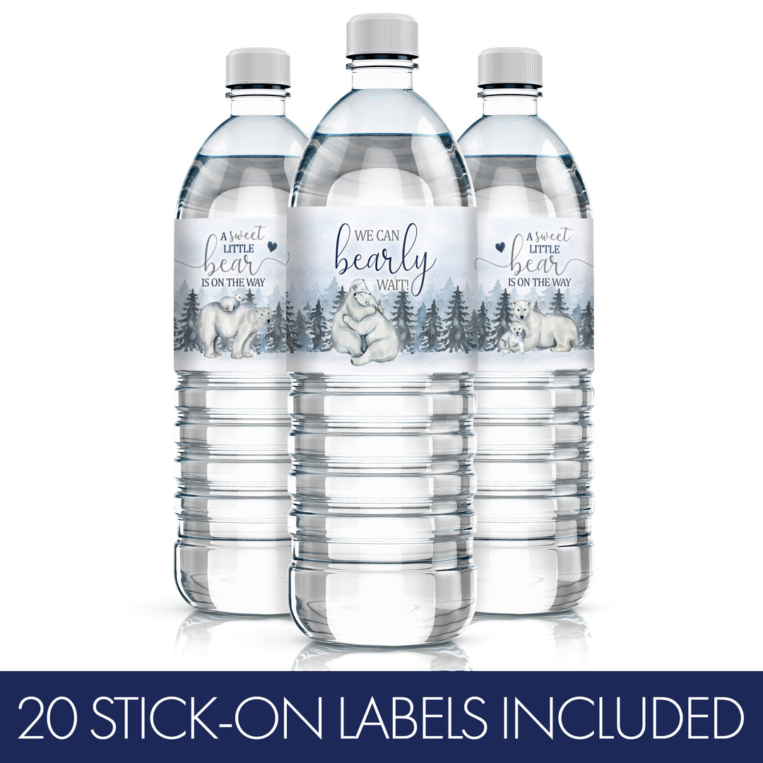 Oso polar We Can Bearly Wait: Baby Shower de invierno - Etiquetas adhesivas para botellas de agua - 24 pegatinas impermeables