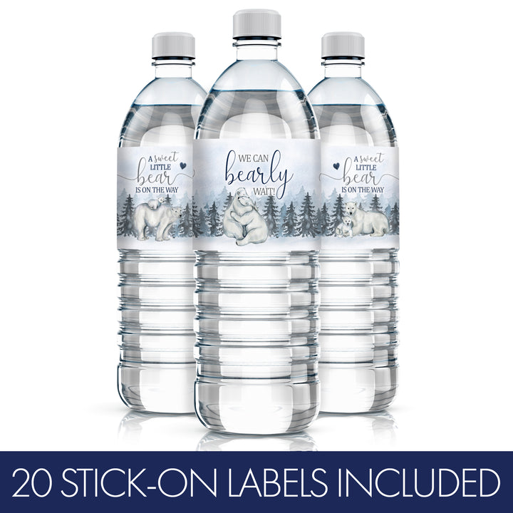 Oso polar We Can Bearly Wait: Baby Shower de invierno - Etiquetas adhesivas para botellas de agua - 24 pegatinas impermeables