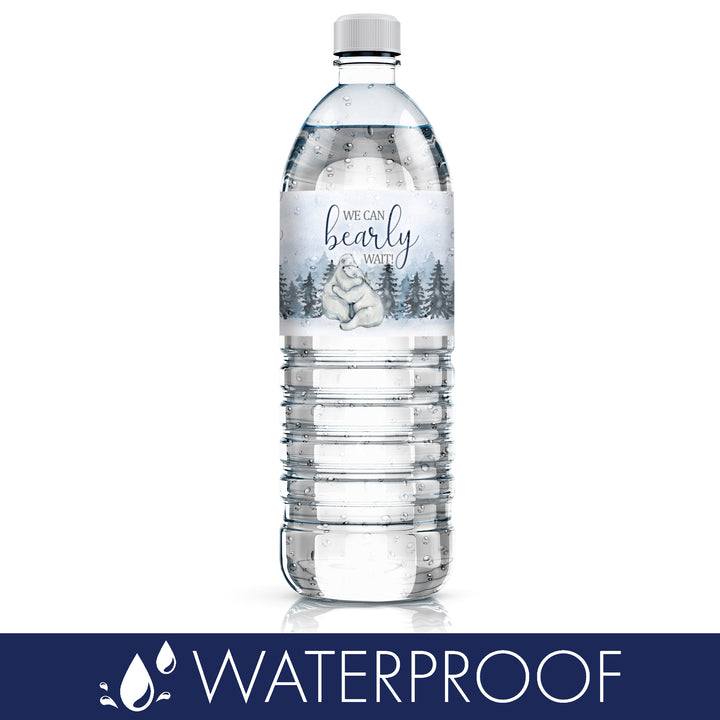 Oso polar We Can Bearly Wait: Baby Shower de invierno - Etiquetas adhesivas para botellas de agua - 24 pegatinas impermeables