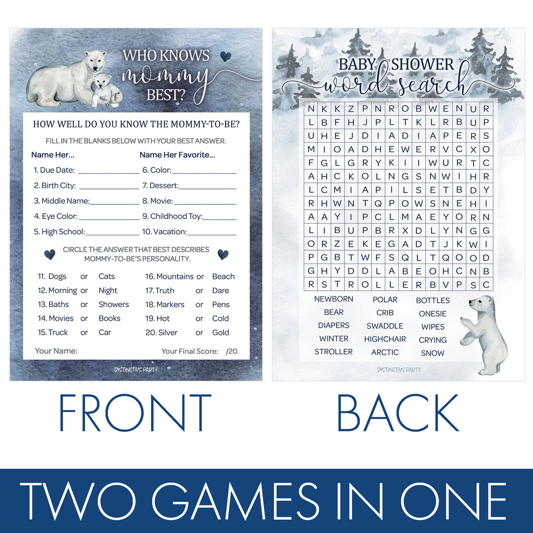 Oso polar: Paquete de juegos de baby shower de invierno - Búsqueda de palabras y quién conoce mejor a mamá - Juego de 2 caras - 20 cartas