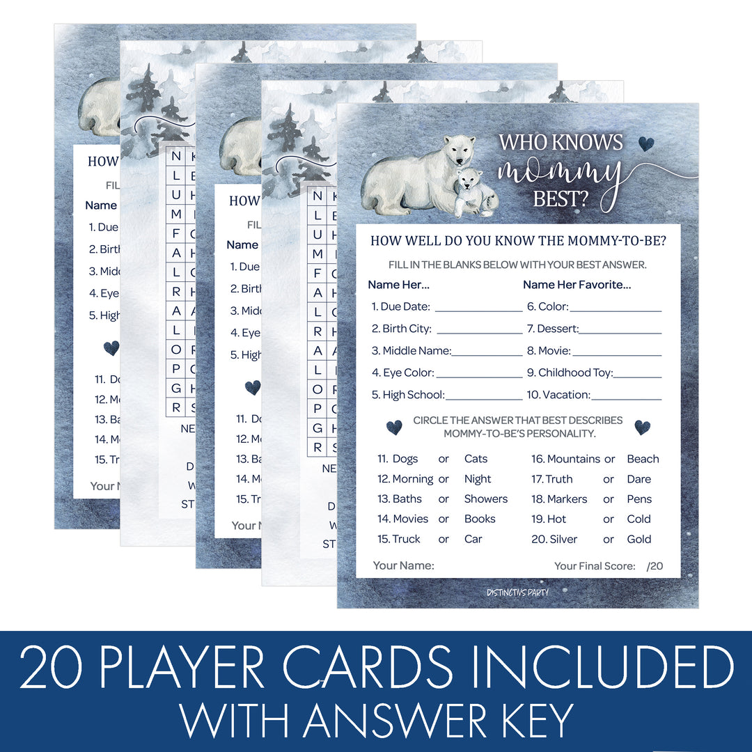 Oso polar: Paquete de juegos de baby shower de invierno - Búsqueda de palabras y quién conoce mejor a mamá - Juego de 2 caras - 20 cartas