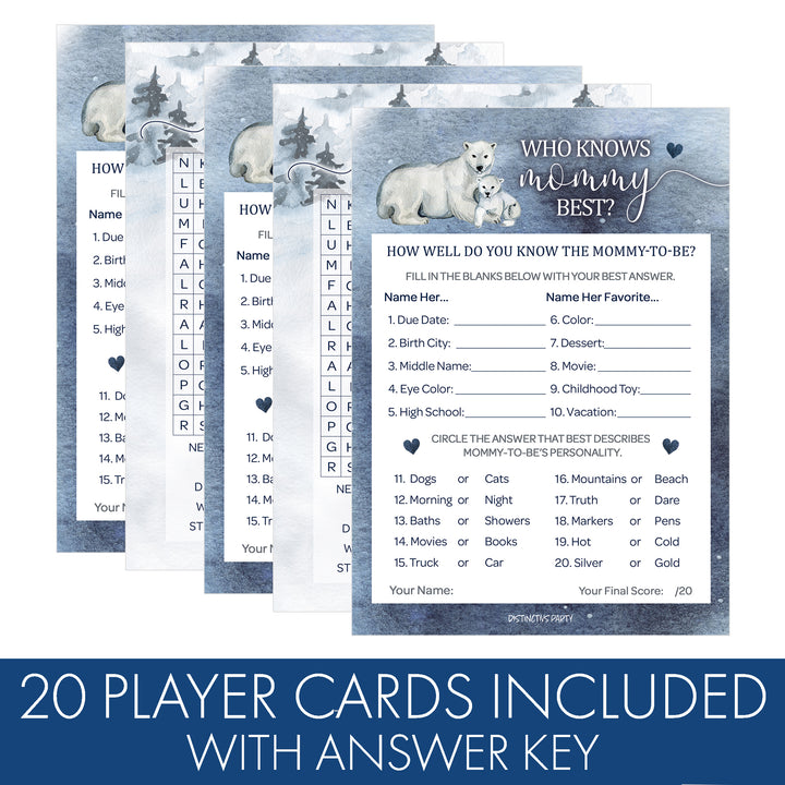 Oso polar: Paquete de juegos de baby shower de invierno - Búsqueda de palabras y quién conoce mejor a mamá - Juego de 2 caras - 20 cartas