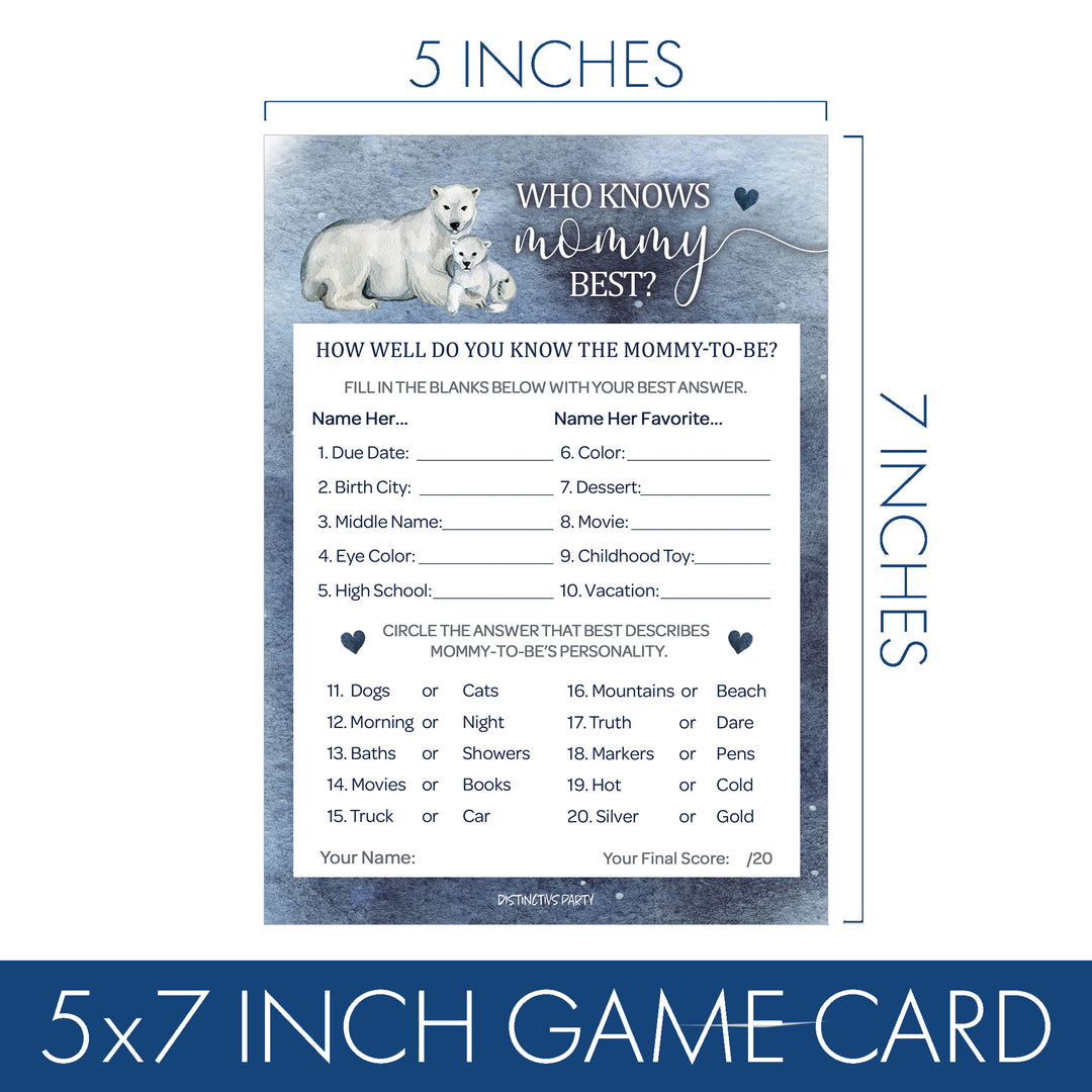 Oso polar: Paquete de juegos de baby shower de invierno - Búsqueda de palabras y quién conoce mejor a mamá - Juego de 2 caras - 20 cartas